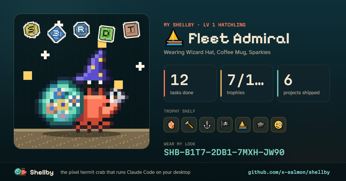 A crab card: Shellby in a wizard hat with a coffee mug, his tasks done, trophies, projects shipped and an outfit code