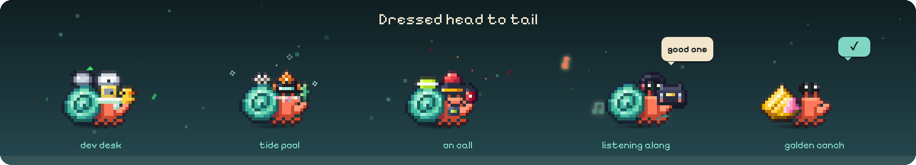 Five Shellbys dressed head to tail: a dev desk set, a tide pool set, an on-call set, headphones and a boombox, and the Golden Conch shell