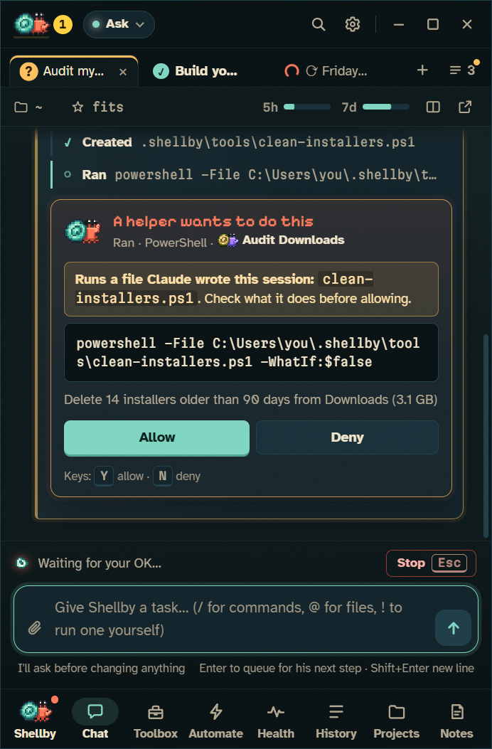 Three helper agents working in their own lanes; one asks to run a script it wrote