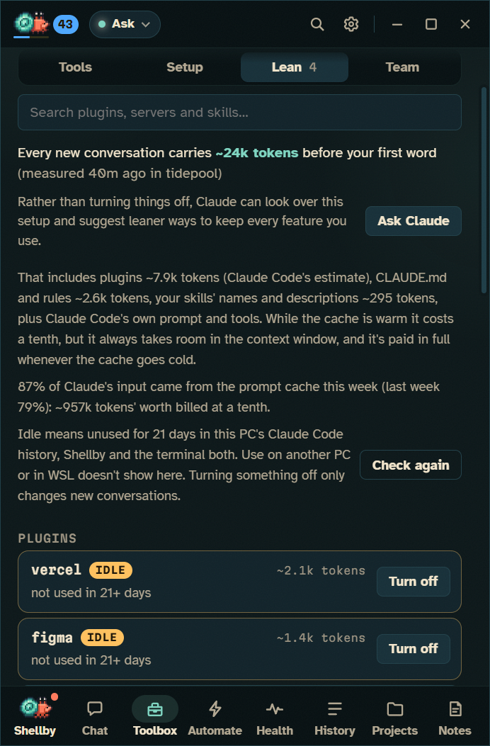 Toolbox, Lean: every new conversation carries about 24k tokens, with plugins priced and two marked idle