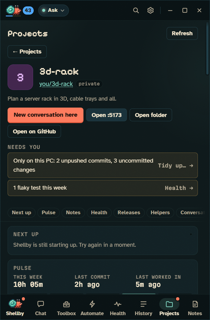 A project page with checks and dev servers