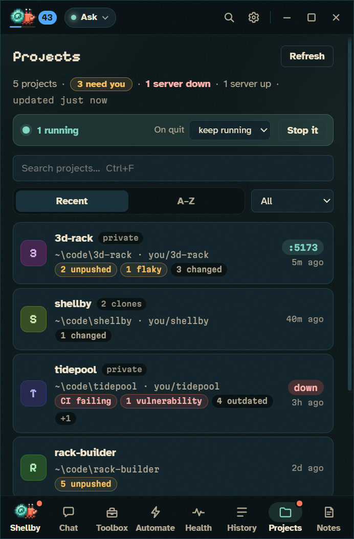 The Projects page: five repos, one with a dev server up on :5173 and one down