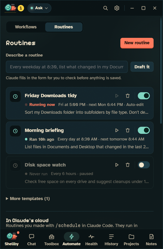 The Routines page: tasks queued to run when the usage limit resets