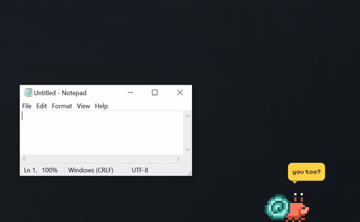 Shellby hops onto a Notepad title bar, hangs on while it's dragged, then is shaken off and lands dizzy
